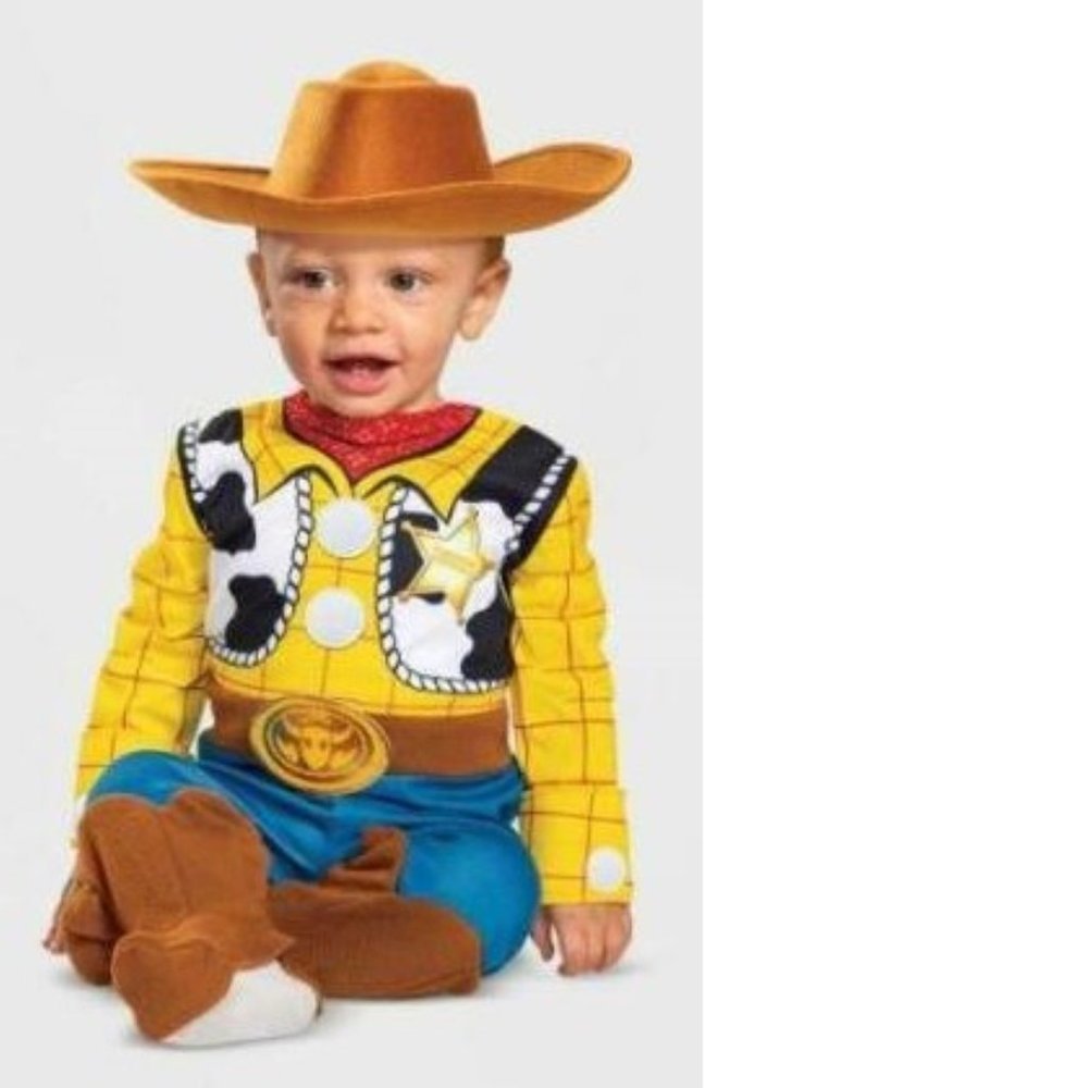Baby Disney Toy Story Woody Halloween Costume 6/12 mths Jumpsuit & Foam Hat Boys